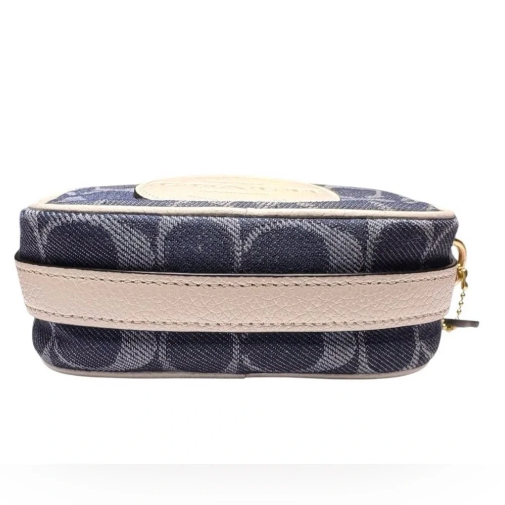 Coach Mini Dempsey Camera Bag in Signature Denim with Rainbow Web Strap